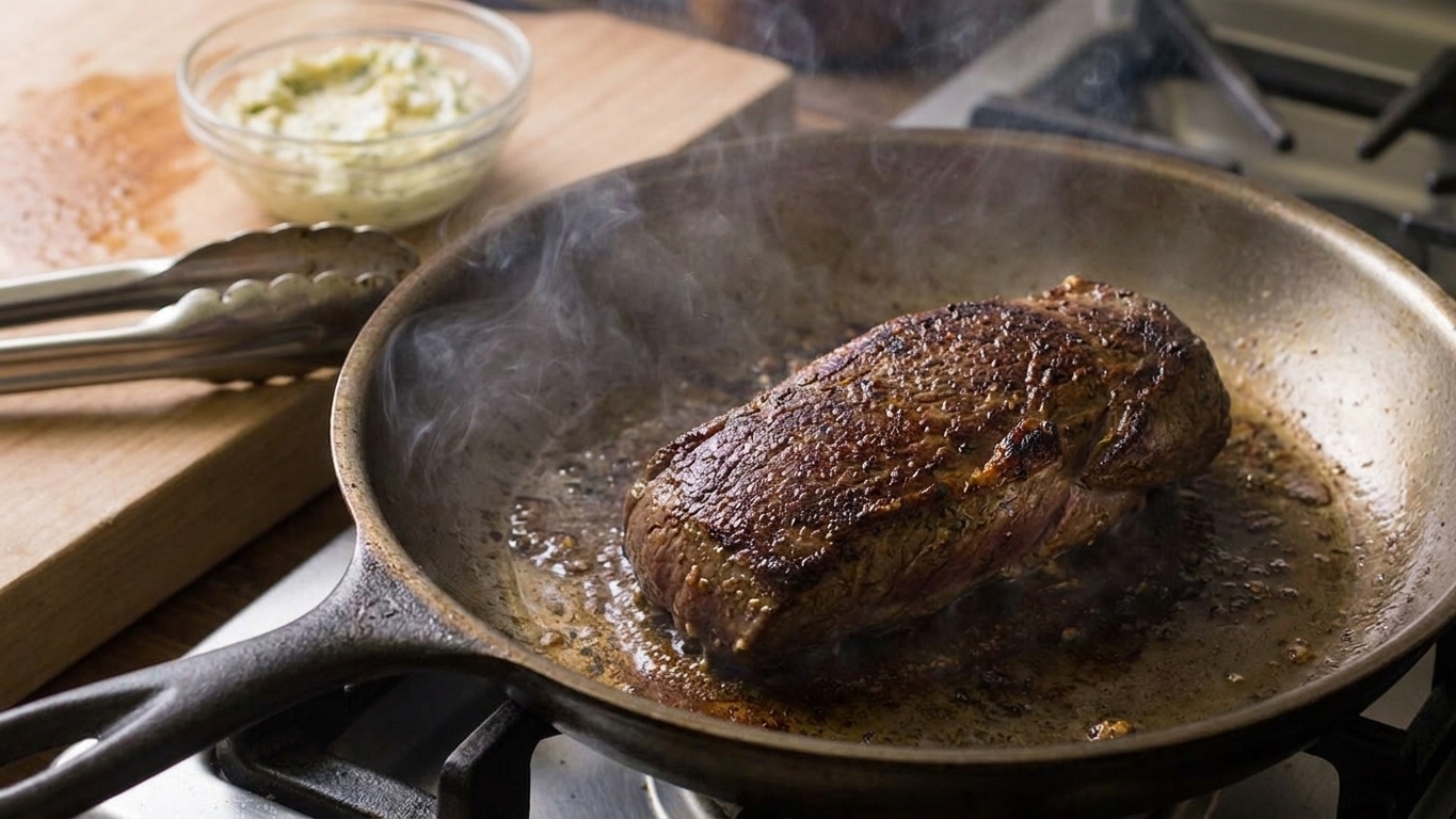 Venison tenderloin searing in a cast iron skillet with a browned crust forming on the surface