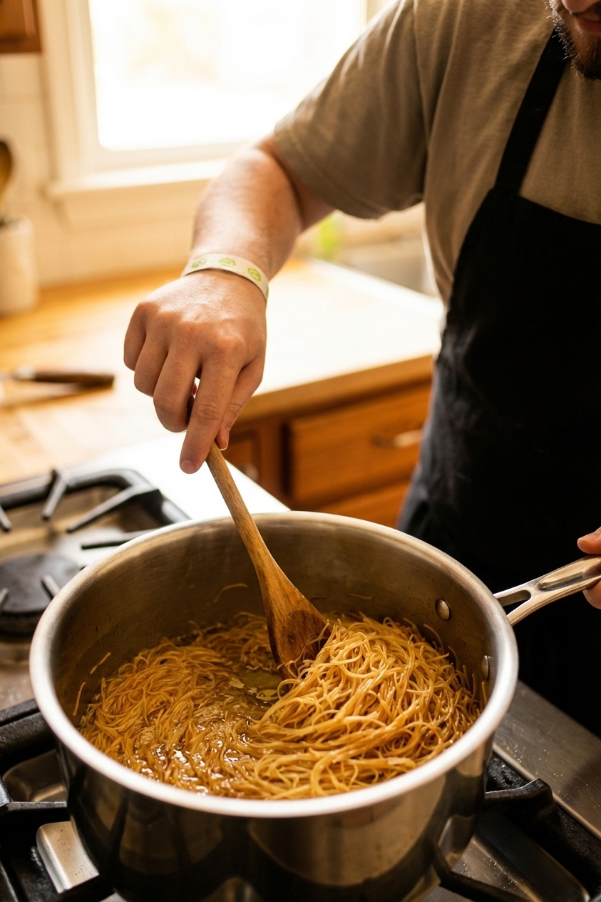 Vermicelli noodles being toasted in oil in a saucepan, stirred with a wooden spoon as they turn golden brown, close-up cooking photo