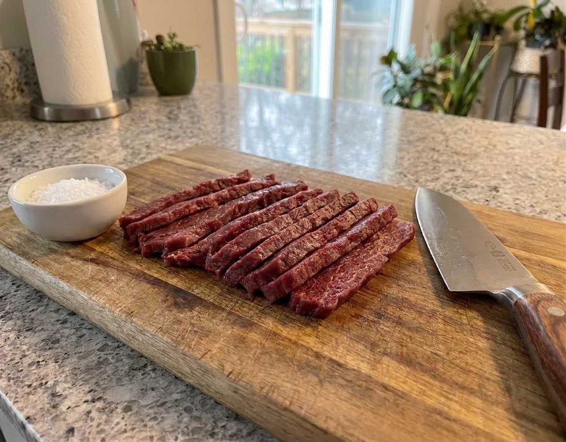Very lean raw beef slices (eye of round) arranged on a cutting board with a chef knife and a small bowl of salt on a kitchen counter