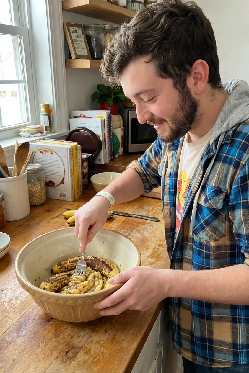 Very ripe bananas being mashed with a fork in a large mixing bowl on a wooden counter, casual home kitchen scene