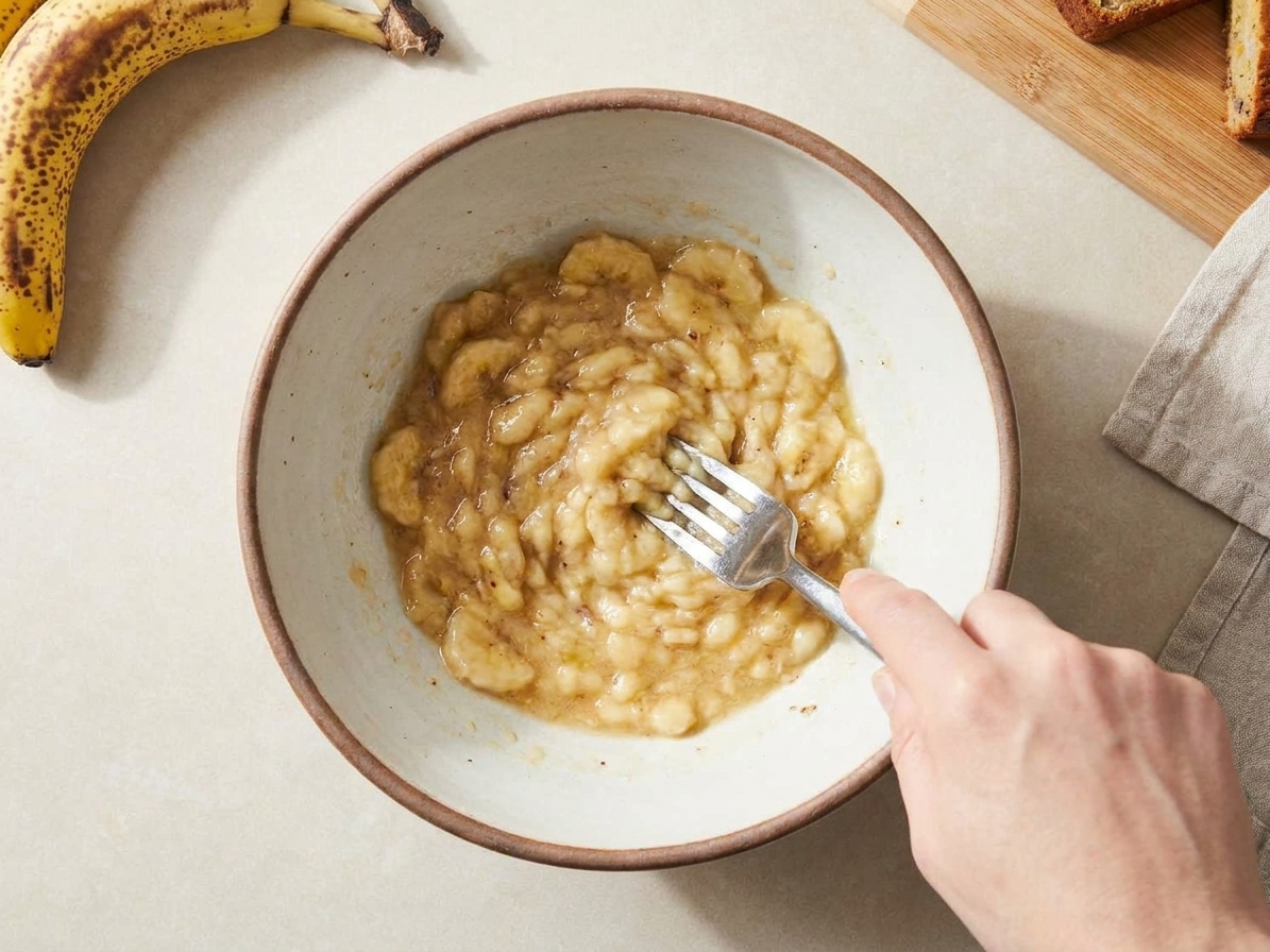 Very ripe bananas being mashed with a fork in a large mixing bowl on a light kitchen counter
