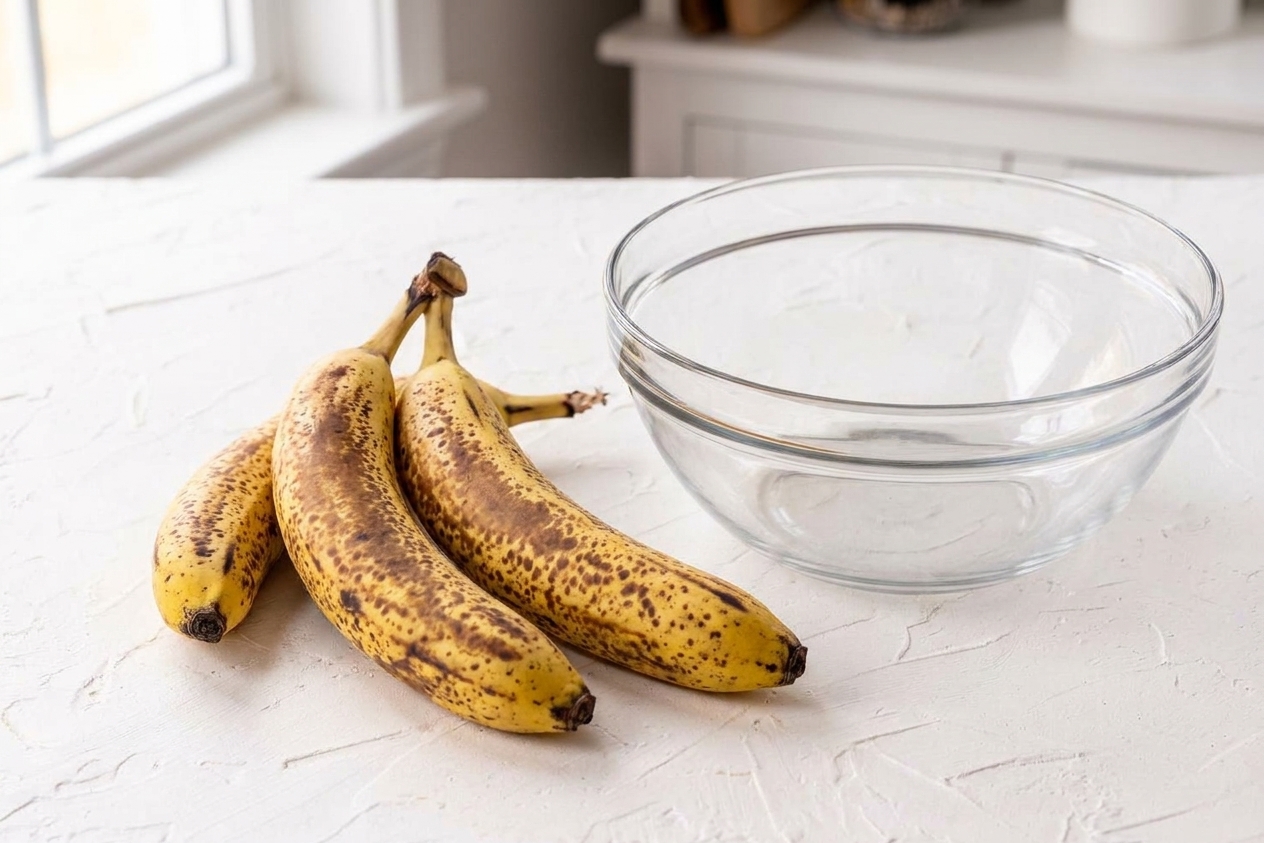 Very ripe bananas with brown speckles resting on a clean kitchen counter next to a mixing bowl