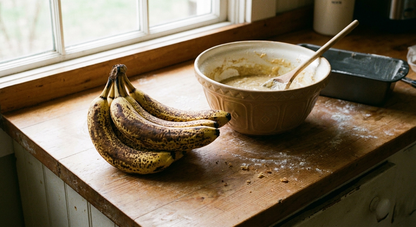 Very ripe bananas with dark spots on a kitchen countertop beside a mixing bowl in natural daylight