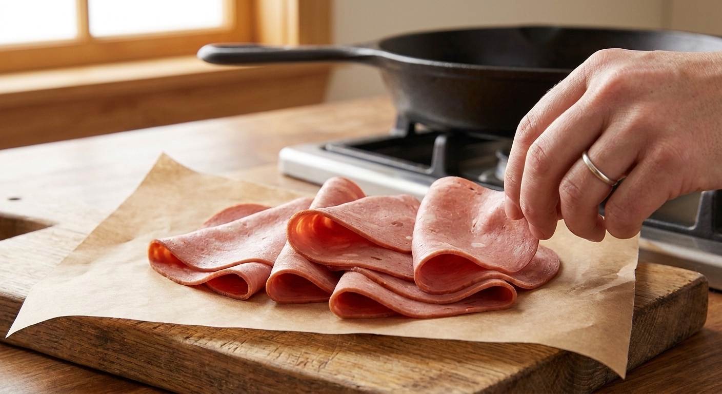 Very thin slices of mortadella folded on deli paper on a kitchen counter, ready for cooking