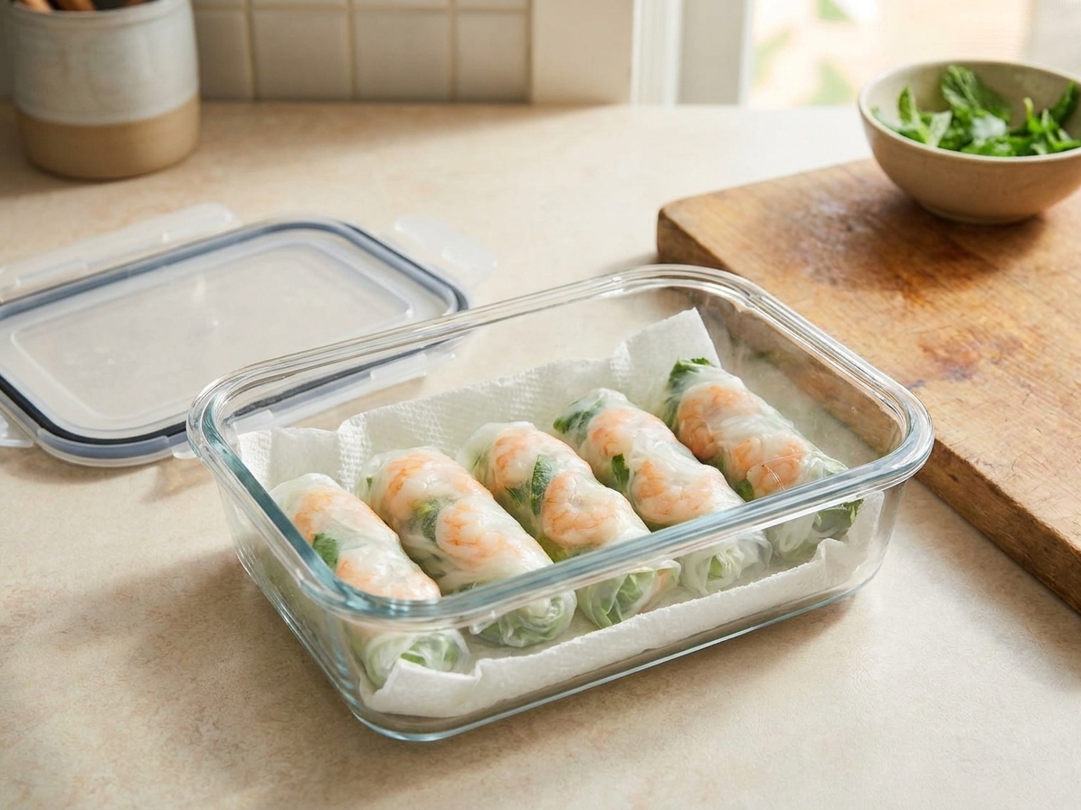 Vietnamese spring rolls arranged in a single layer inside an airtight container lined with a damp paper towel