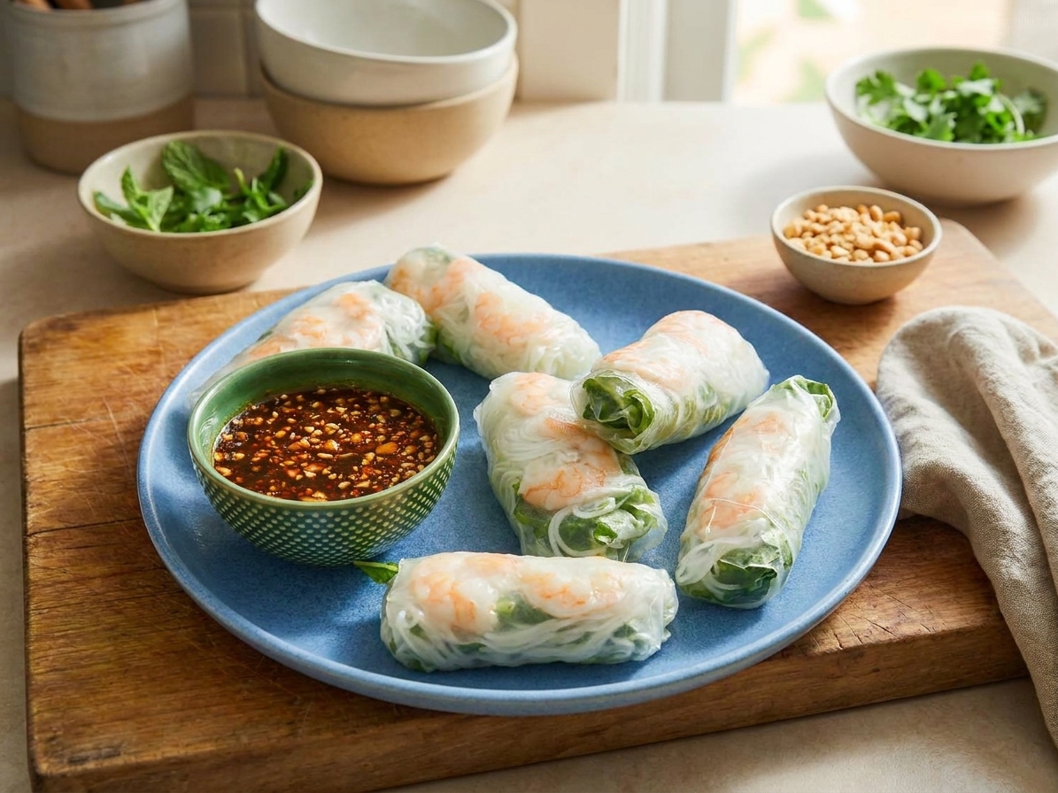 Vietnamese spring rolls arranged on a serving platter with a bowl of peanut dipping sauce beside them on a kitchen table