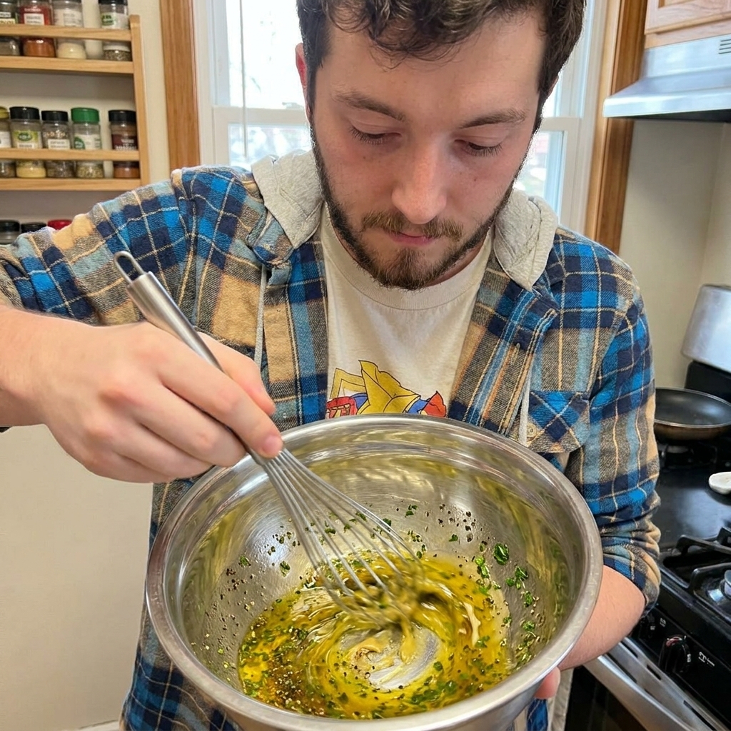 Vinaigrette being whisked in a stainless steel mixing bowl, with glossy olive oil ribbons and specks of black pepper and chopped herbs