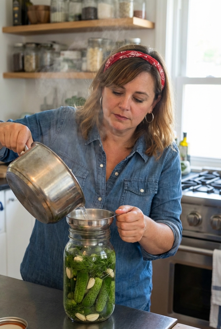 Vinegar brine being poured into a glass jar packed with cucumbers and dill