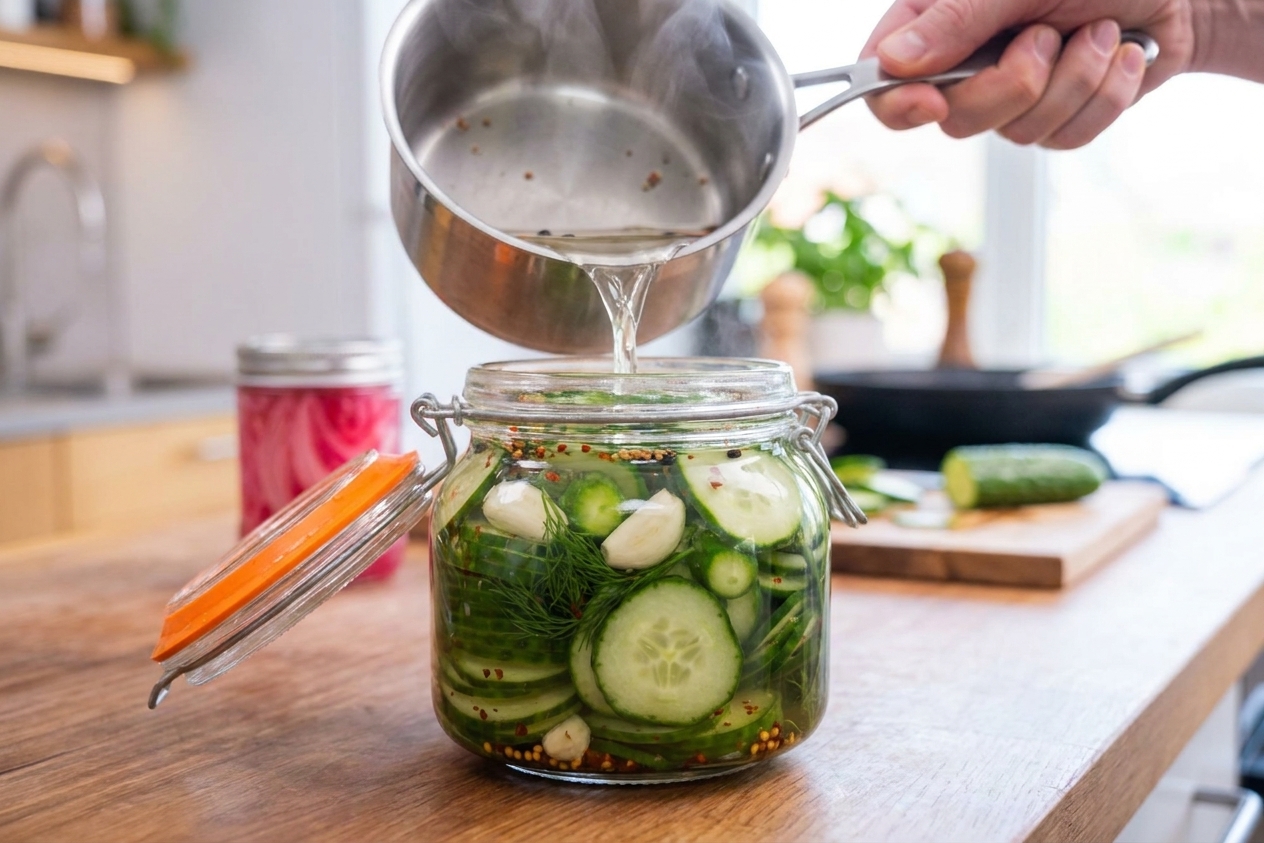 Vinegar brine being poured into a glass jar packed with cucumber slices, garlic, and dill on a bright kitchen counter