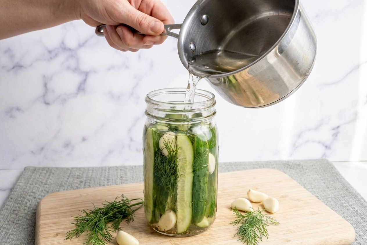 Vinegar brine being poured into a glass jar packed with cucumber spears, garlic, and dill on a kitchen counter