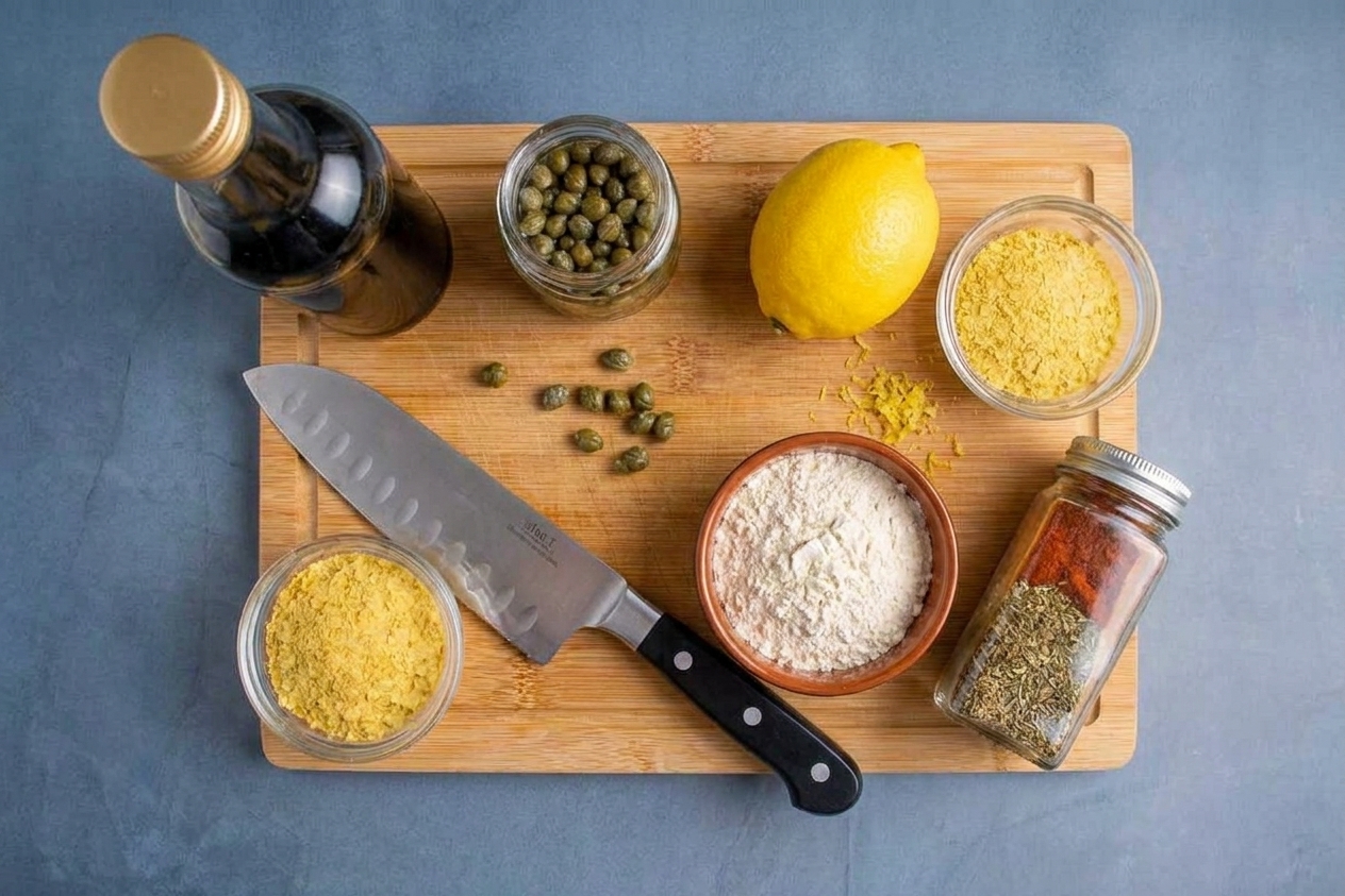 Vital wheat gluten, nutritional yeast, soy sauce, spices, lemon, and capers arranged on a clean kitchen counter with a cutting board