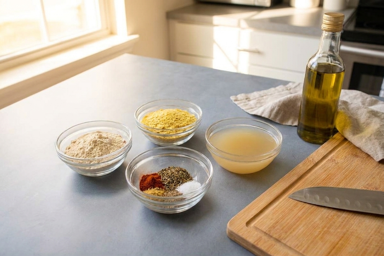 Vital wheat gluten, nutritional yeast, spices, and broth measured in small bowls on a tidy kitchen counter in warm natural light