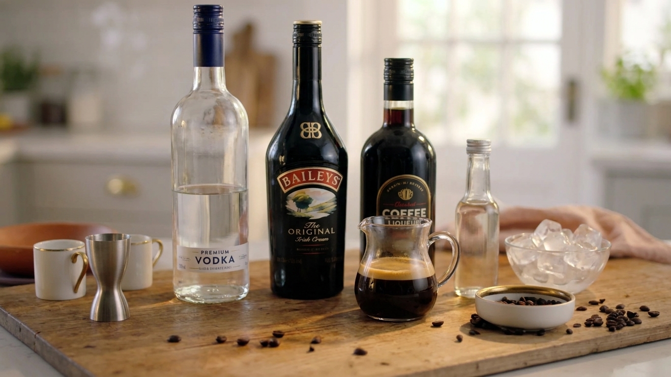 Vodka, Baileys Irish Cream, coffee liqueur, freshly brewed espresso, simple syrup, and ice arranged on a bright kitchen counter