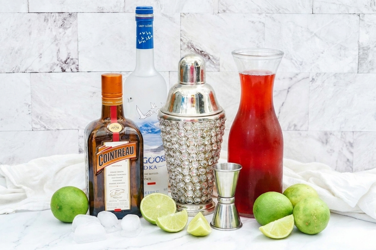 Vodka, Cointreau, fresh limes, and cranberry juice cocktail arranged on a clean kitchen counter with a jigger and cocktail shaker
