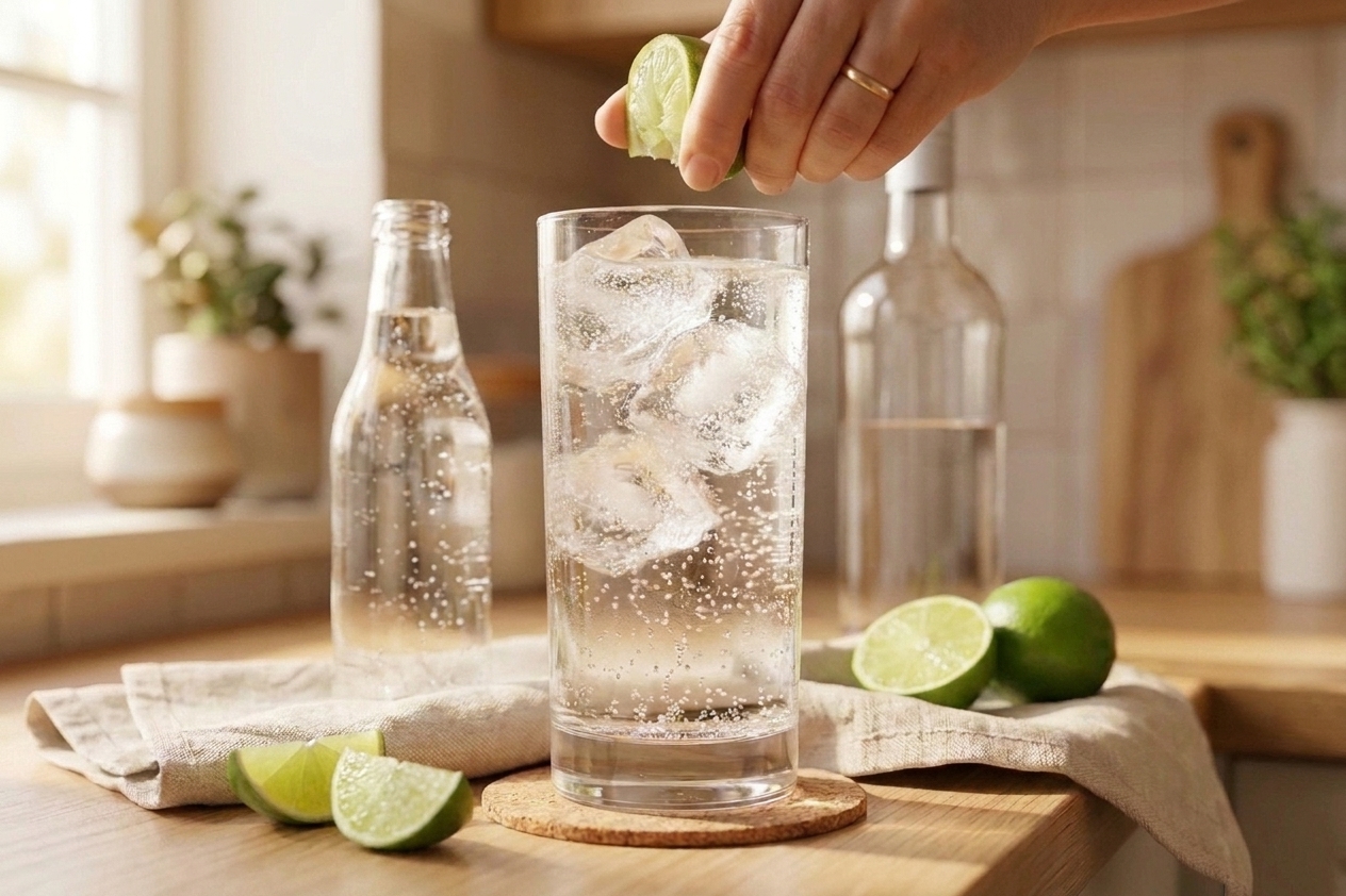 Vodka, a bottle of club soda, fresh limes, and a glass of ice arranged on a clean kitchen counter under warm light