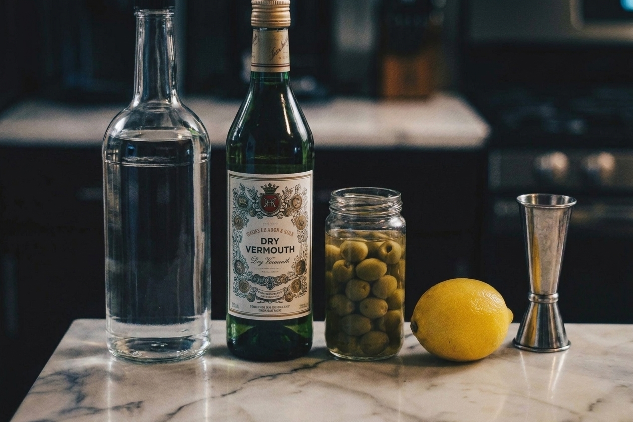 Vodka, a bottle of dry vermouth, a jar of green olives, a lemon, and a metal jigger arranged on a tidy kitchen counter