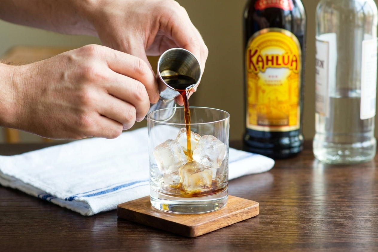 Vodka and coffee liqueur being measured with a metal jigger on a kitchen counter next to a rocks glass filled with ice