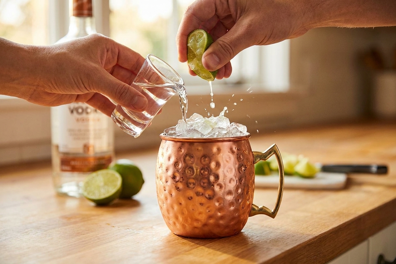 Vodka and freshly squeezed lime juice being poured into a copper mug filled with crushed ice on a kitchen counter