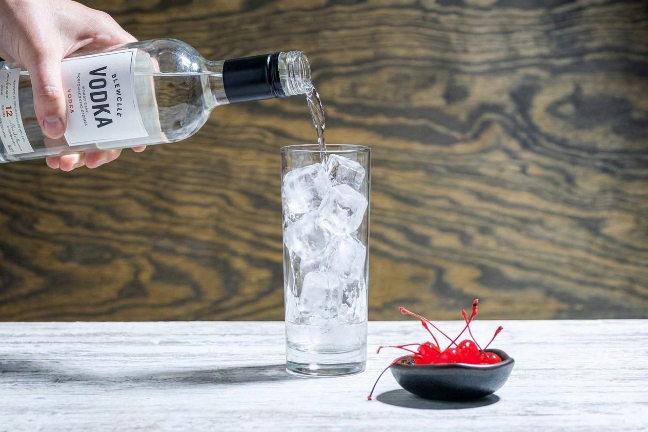 Vodka being poured into an ice-filled highball glass on a kitchen counter