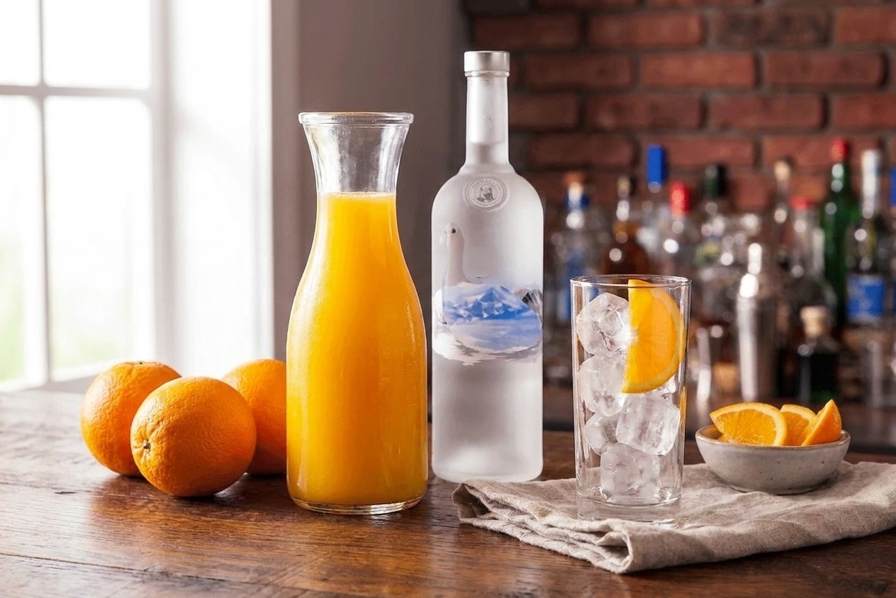 Vodka bottle, a carafe of orange juice, fresh oranges, and a glass of ice arranged on a clean kitchen counter under warm natural light