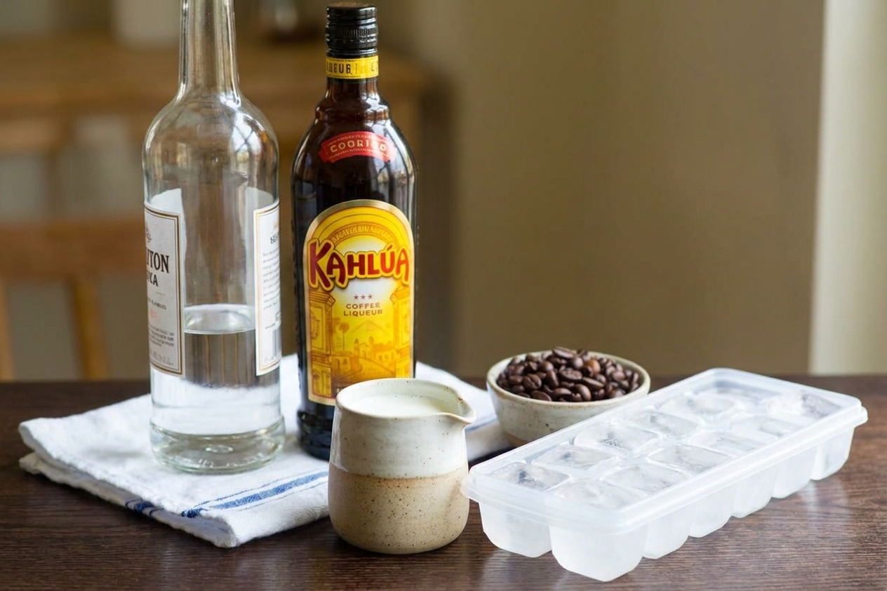 Vodka bottle, coffee liqueur bottle, small pitcher of cream, and a filled ice tray arranged on a tidy kitchen counter under warm lighting