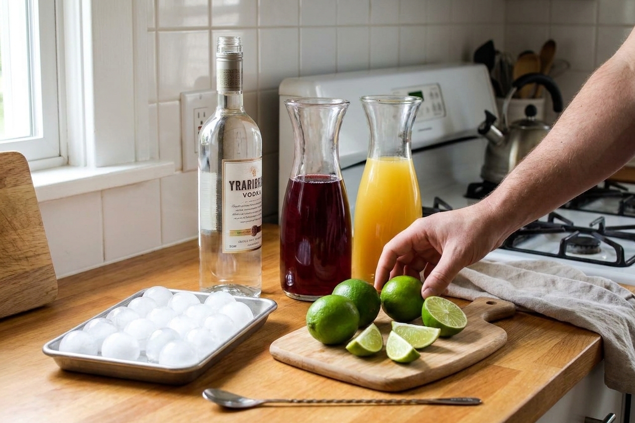 Vodka bottle, cranberry juice, pineapple juice, fresh limes, and a tray of ice set out on a home kitchen counter