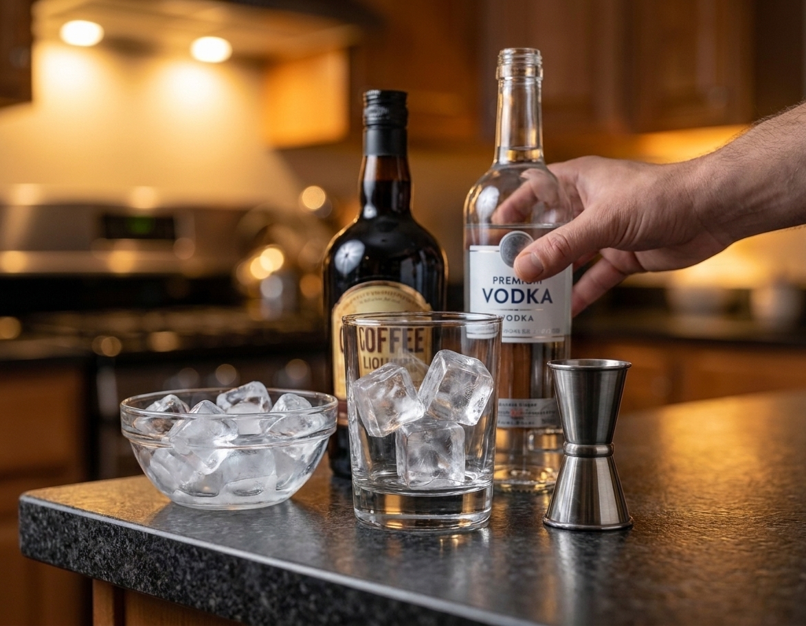 Vodka, coffee liqueur, and a bowl of ice on a kitchen counter with a rocks glass and a small jigger ready for mixing