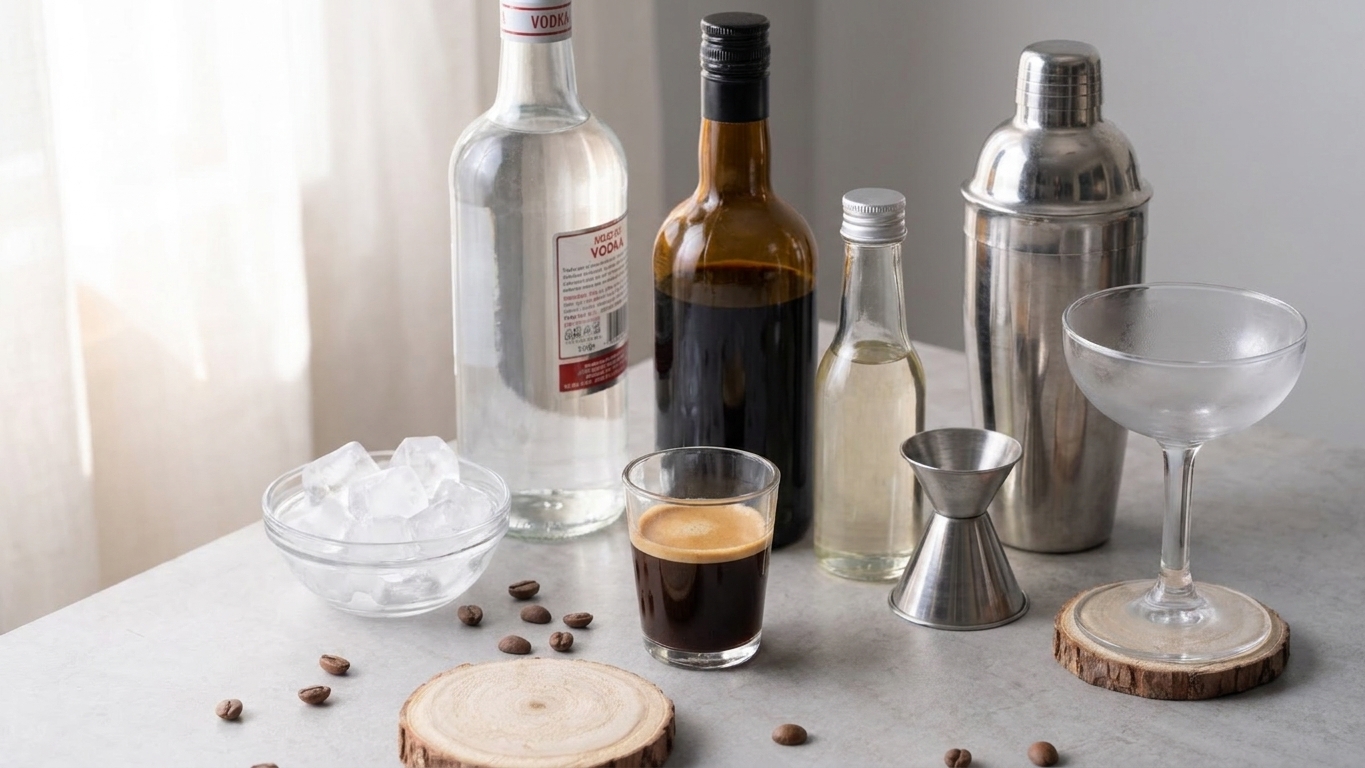 Vodka, coffee liqueur, freshly pulled espresso, simple syrup, ice, and a coupe glass arranged on a tidy kitchen counter