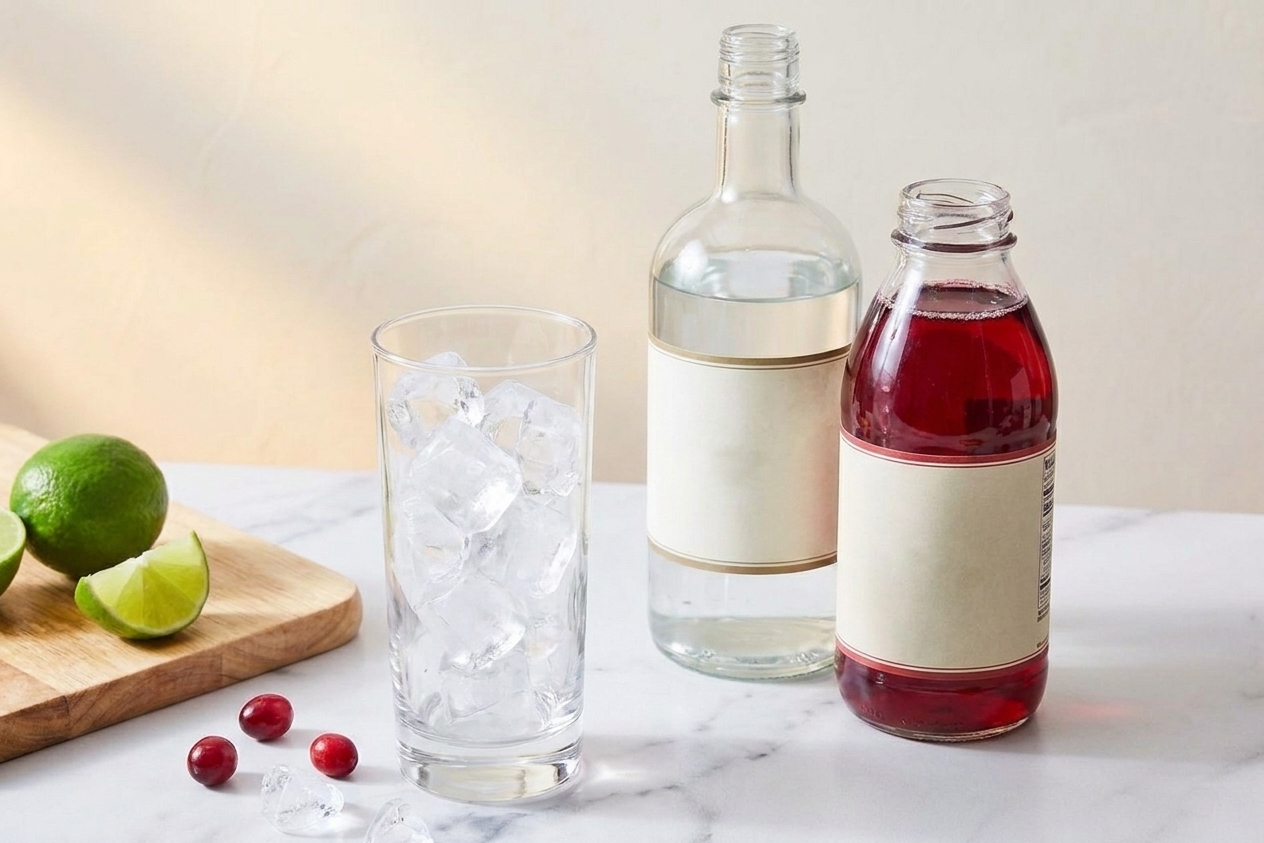 Vodka, cranberry juice, a lime, and a glass filled with ice arranged on a tidy kitchen counter in consistent warm lighting