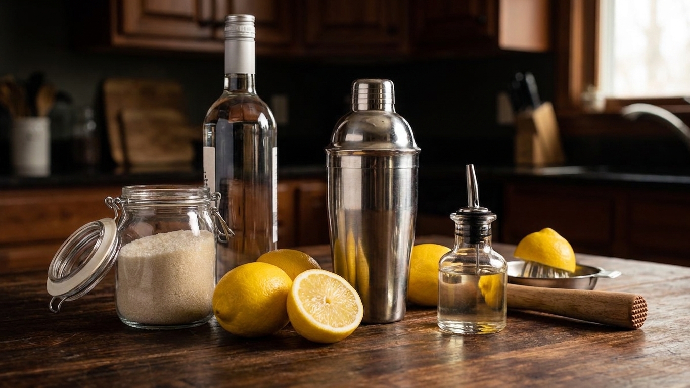 Vodka, fresh lemons, a jar of sugar, and a small container of simple syrup arranged on a bright kitchen counter with a cocktail shaker
