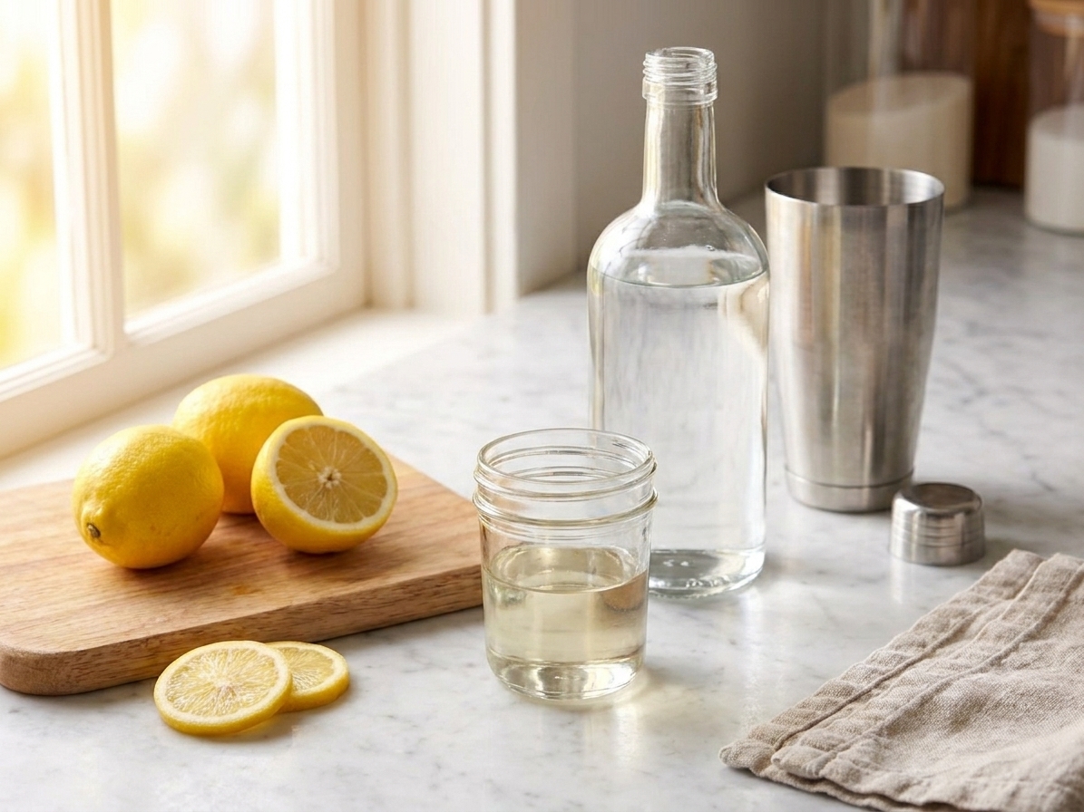 Vodka, fresh lemons, and a small jar of simple syrup arranged on a tidy kitchen counter with a shaker nearby