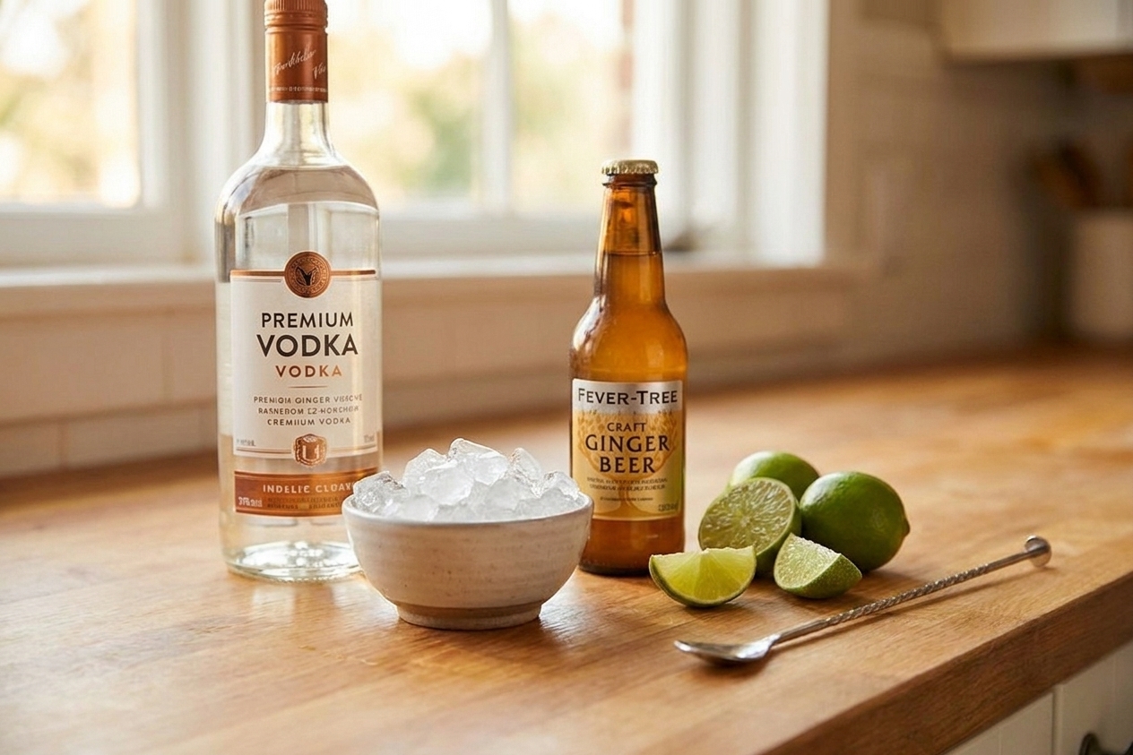 Vodka, fresh limes, a bottle of ginger beer, and a small bowl of ice arranged on a clean kitchen counter with a bar spoon nearby