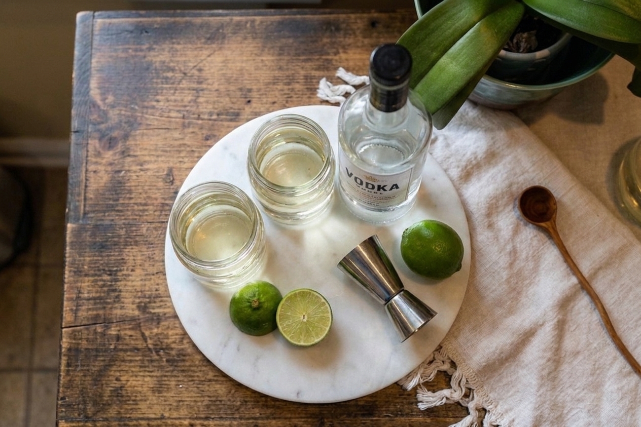 Vodka, fresh limes, a small jar of simple syrup, and a cocktail jigger arranged on a tidy kitchen counter