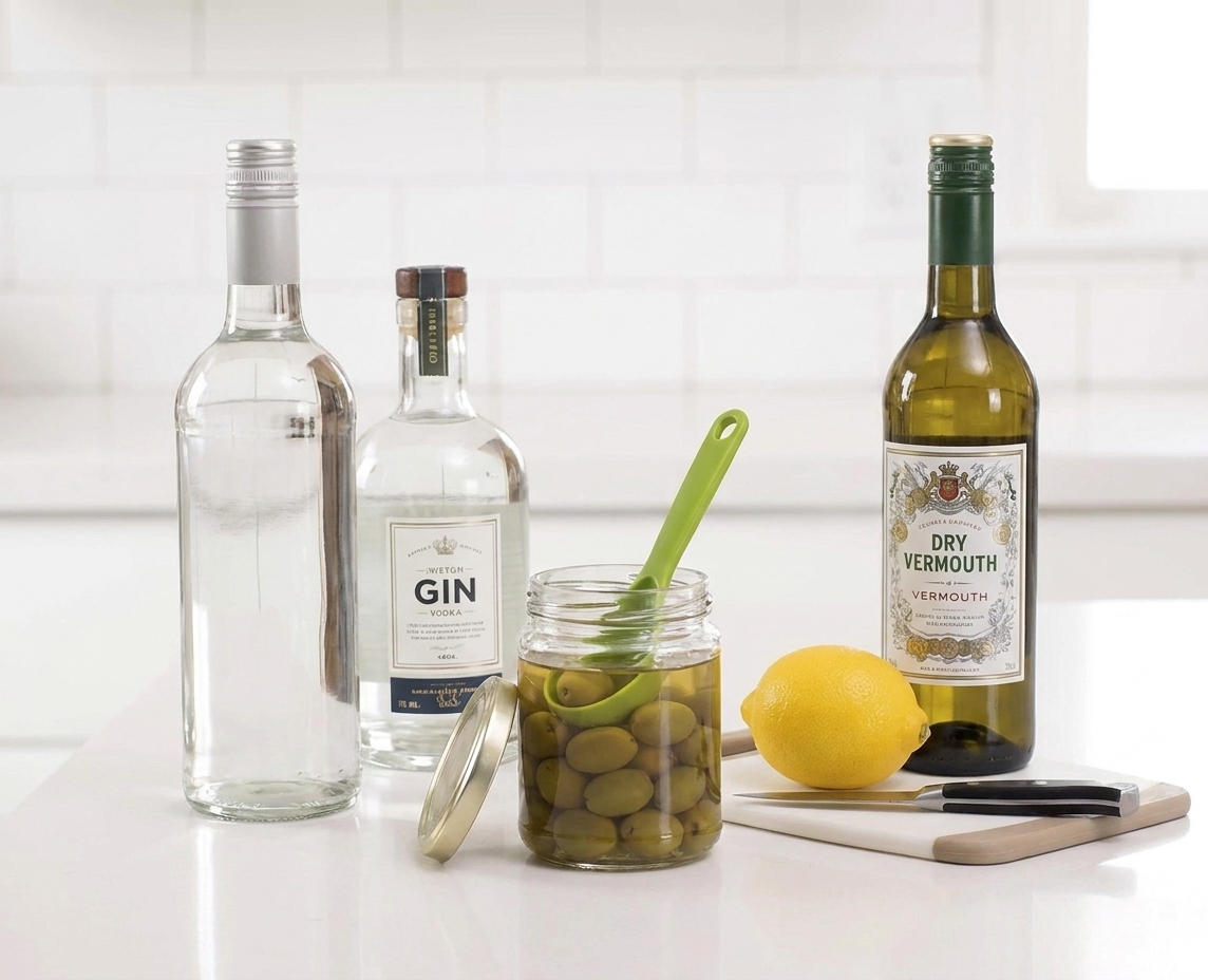 Vodka, gin, a jar of green olives with brine, a lemon, and a bottle of dry vermouth arranged on a clean kitchen counter