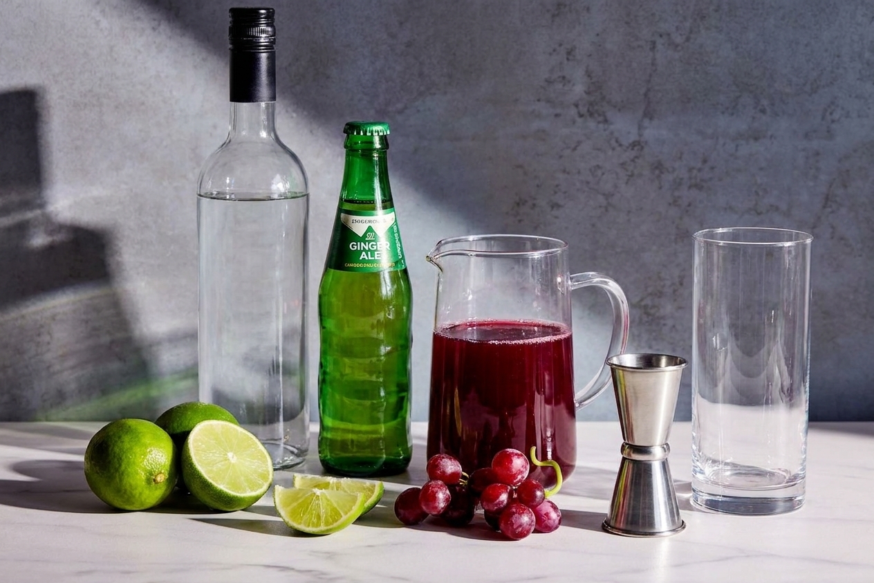 Vodka, ginger ale, grape juice, and fresh limes arranged on a bright kitchen counter with a jigger and a highball glass
