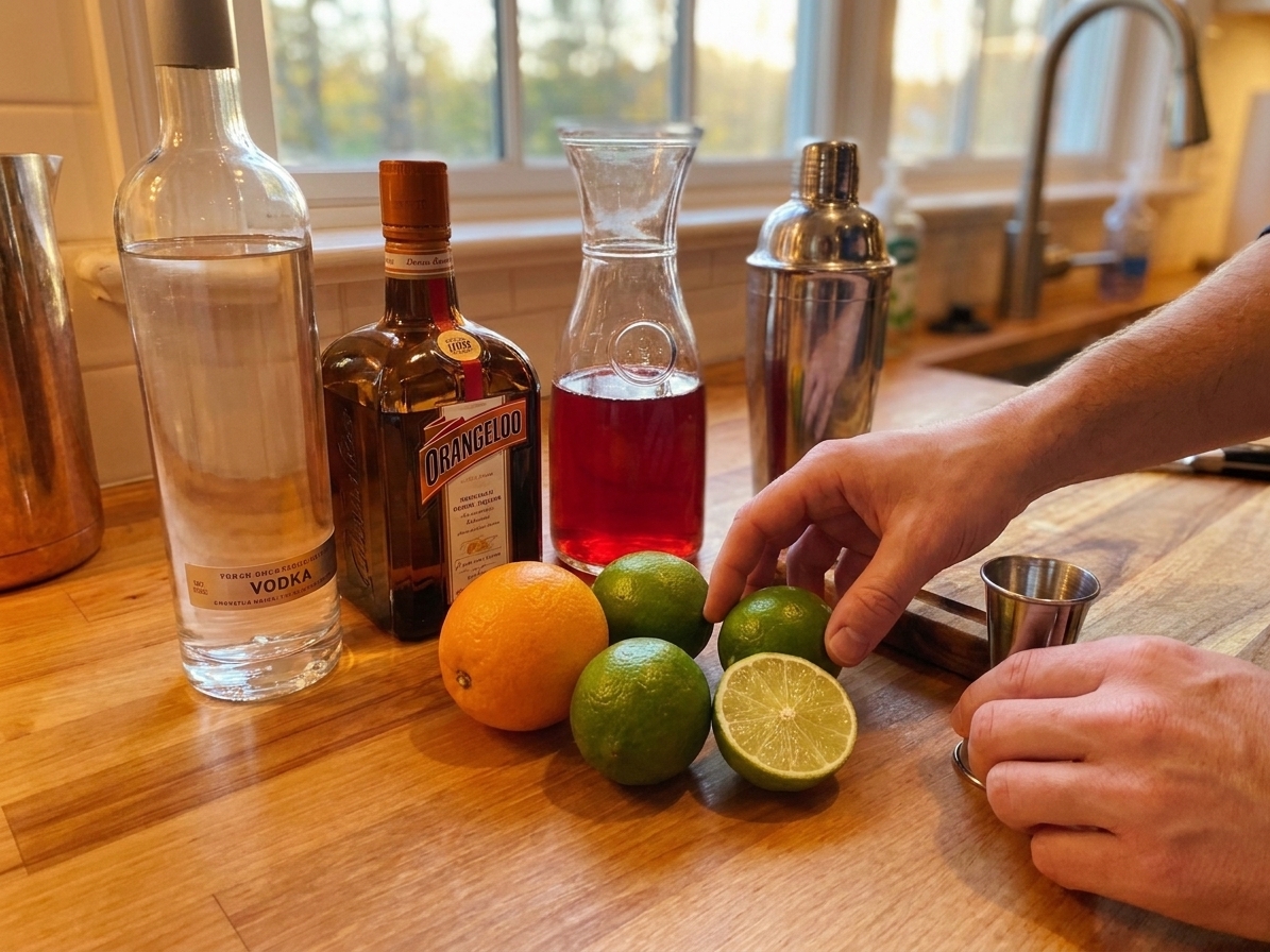 Vodka, orange liqueur, cranberry juice cocktail, fresh limes, and an orange on a tidy kitchen counter ready for mixing a Cosmopolitan
