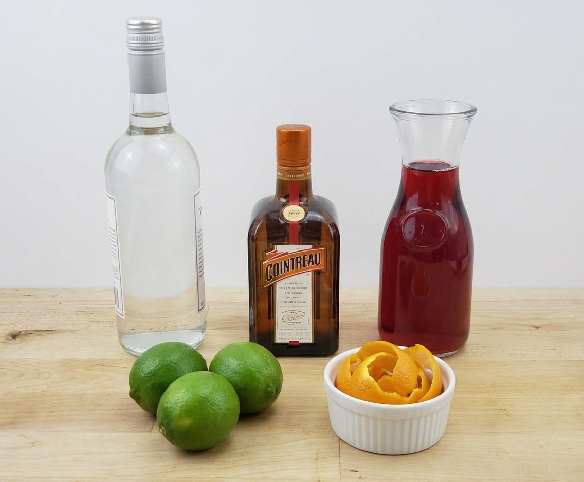 Vodka, orange liqueur, cranberry juice, fresh limes, and a small bowl of orange peels arranged on a tidy kitchen counter