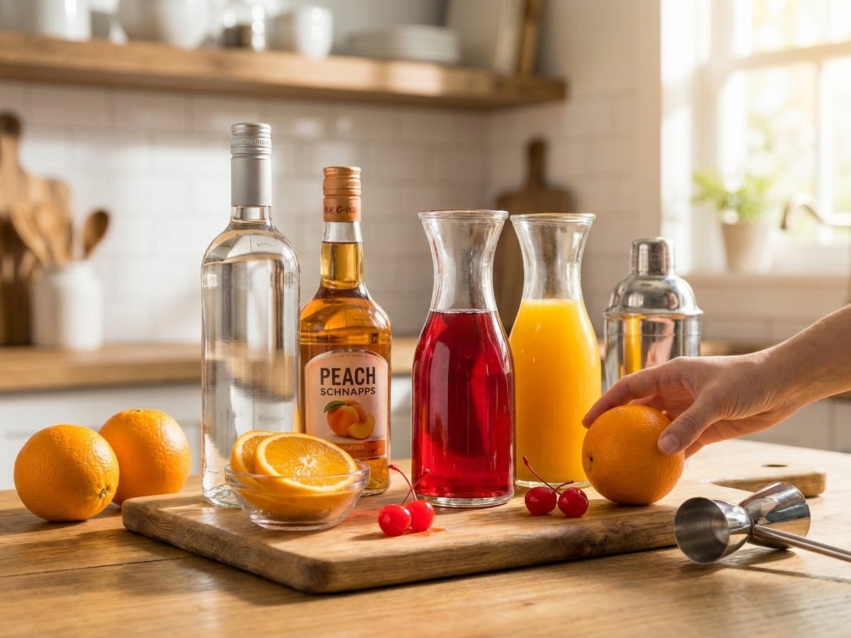 Vodka<!-- inpage-recommendation:22973 -->, peach schnapps<!-- inpage-recommendation:22686 -->, cranberry juice, orange juice, and fresh oranges arranged on a clean kitchen counter in natural light