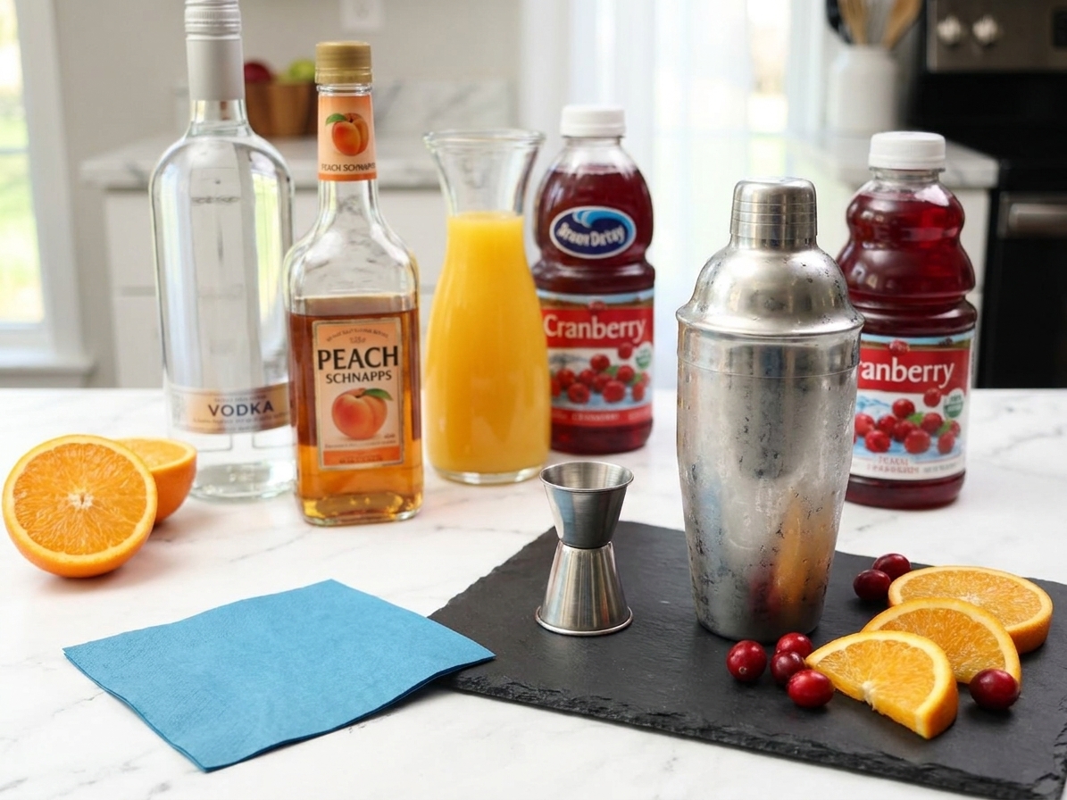 Vodka, peach schnapps, orange juice, and cranberry juice arranged on a clean kitchen counter with a jigger and cocktail shaker