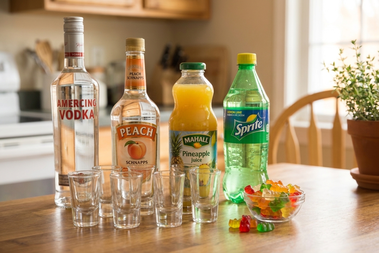 Vodka, peach schnapps, pineapple juice, lemon-lime soda, and gummy bears arranged on a clean kitchen counter with small shot glasses