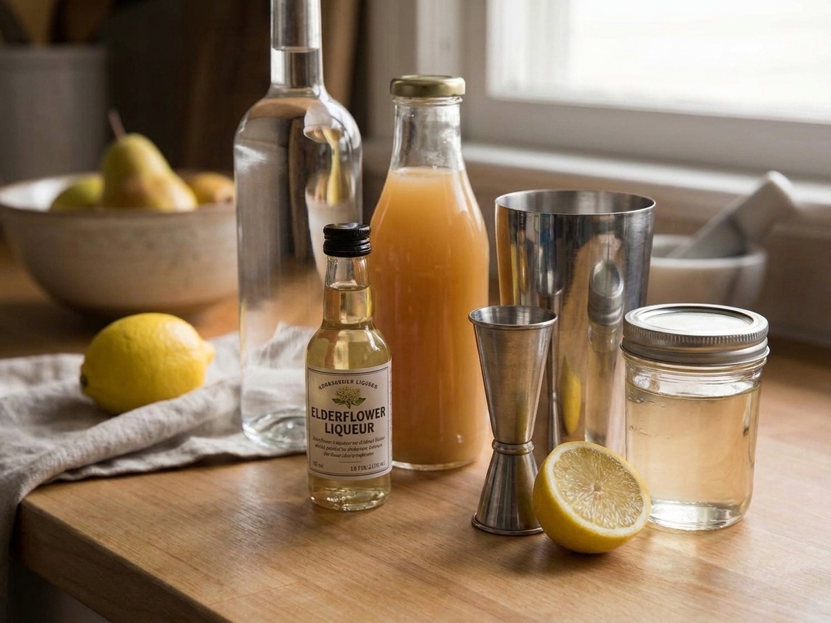 Vodka, pear nectar, lemons, simple syrup, and a small bottle of elderflower liqueur arranged on a bright kitchen counter with a jigger and shaker