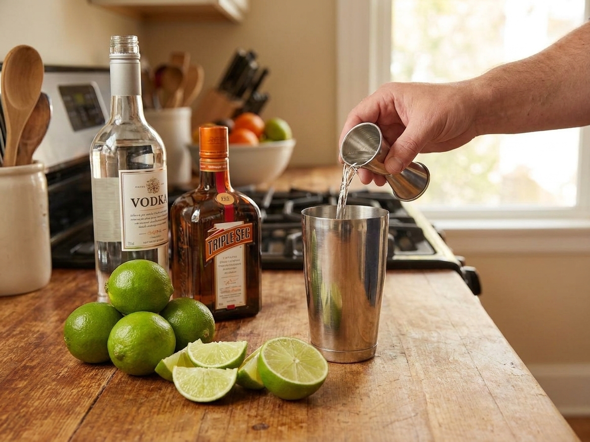 Vodka, triple sec, and fresh limes arranged on a clean kitchen counter with a jigger and cocktail shaker nearby