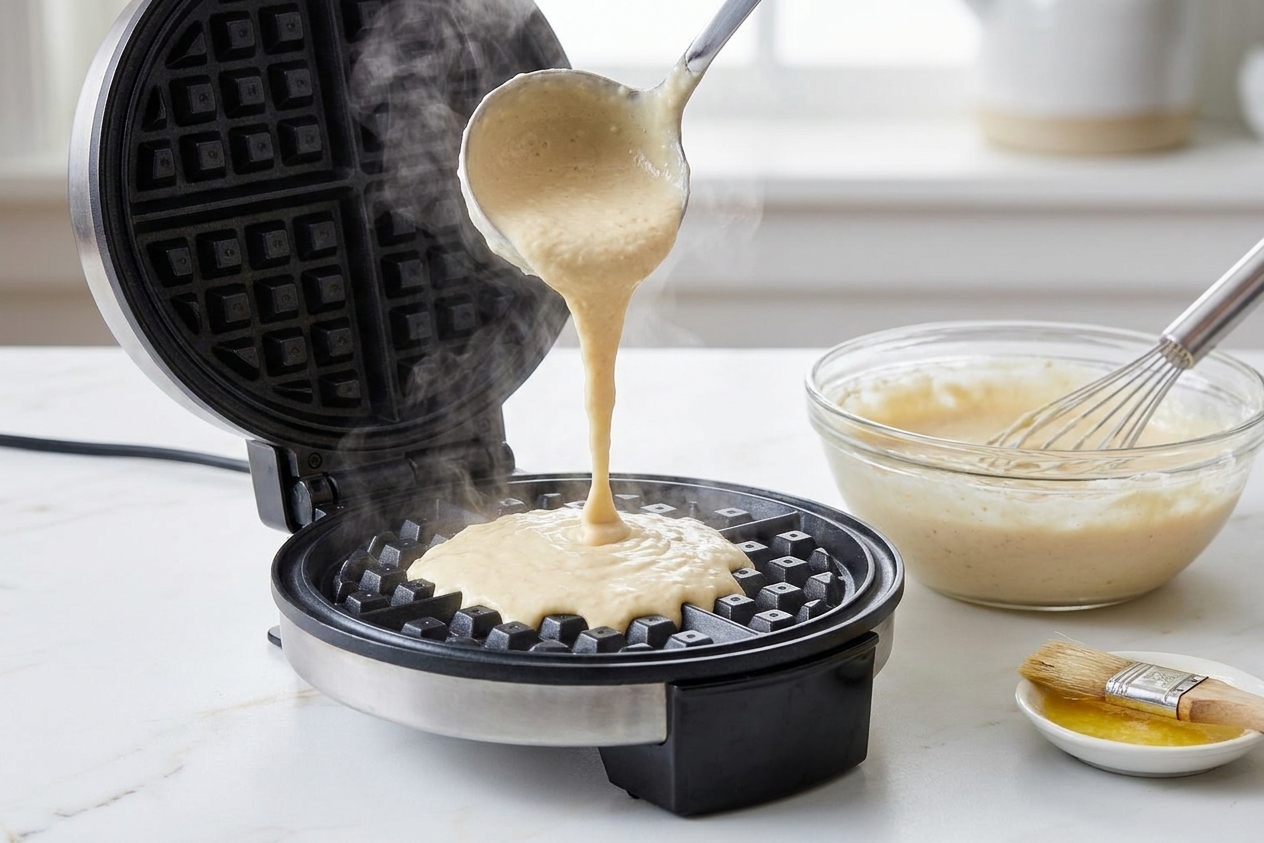 Waffle batter being poured into a fully preheated waffle iron on a kitchen counter
