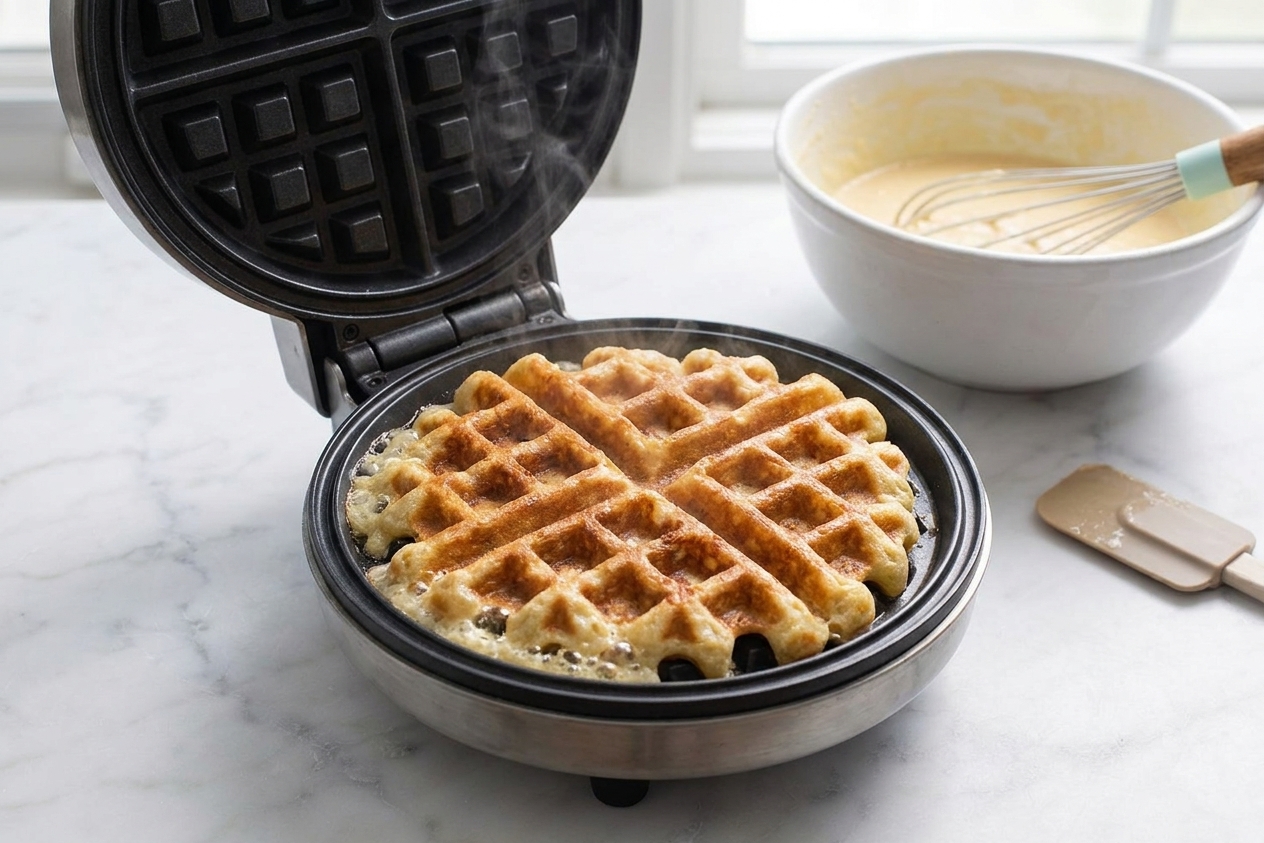 Waffle batter cooking in an open waffle maker with the surface turning golden and crisp in a bright home kitchen