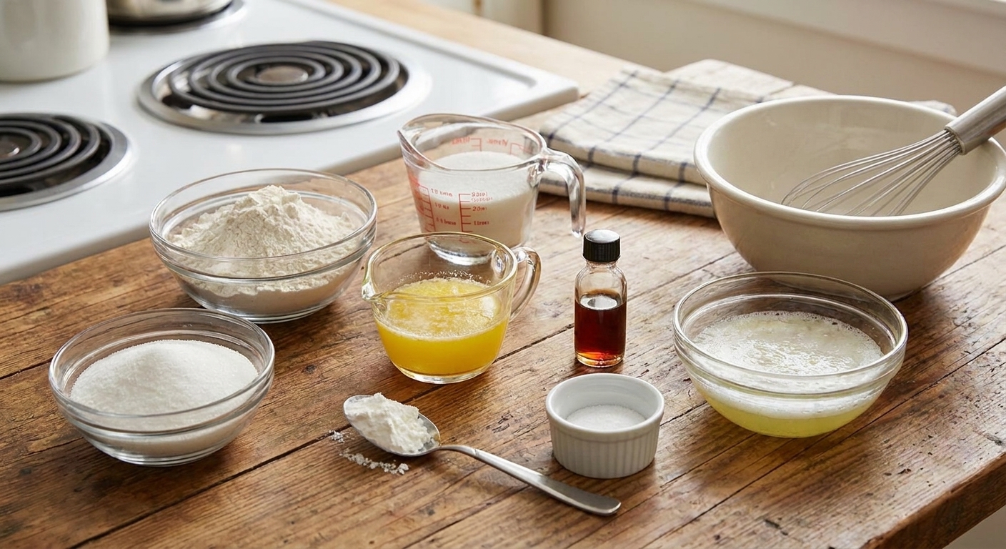 Waffle cone batter ingredients arranged beside a mixing bowl, ready to be whisked together