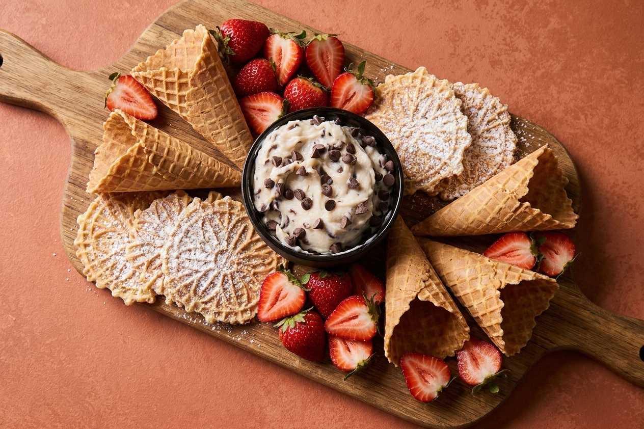 Waffle cone pieces, pizzelle cookies, and fresh strawberries arranged on a wooden board for dipping