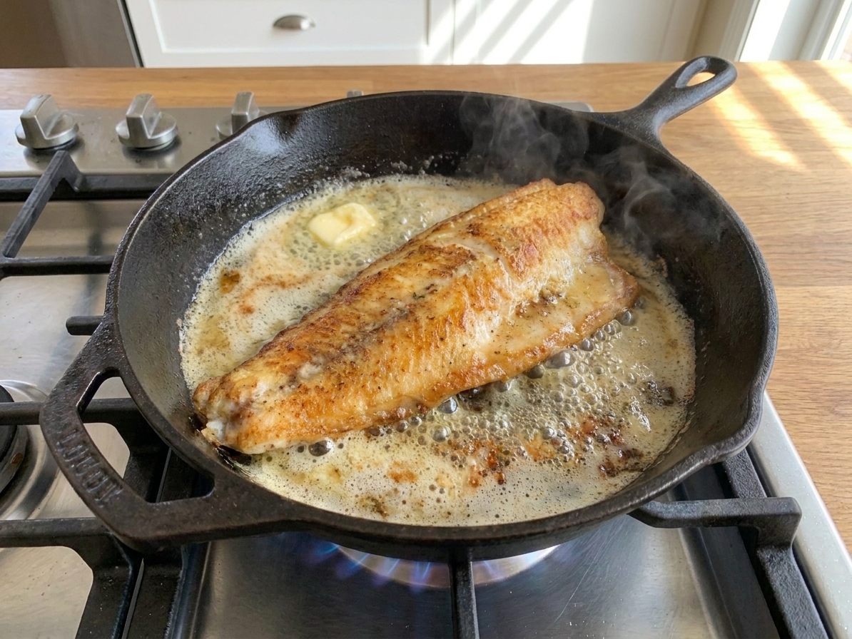 Walleye fillets browning in a hot skillet with bubbling butter on a home stove