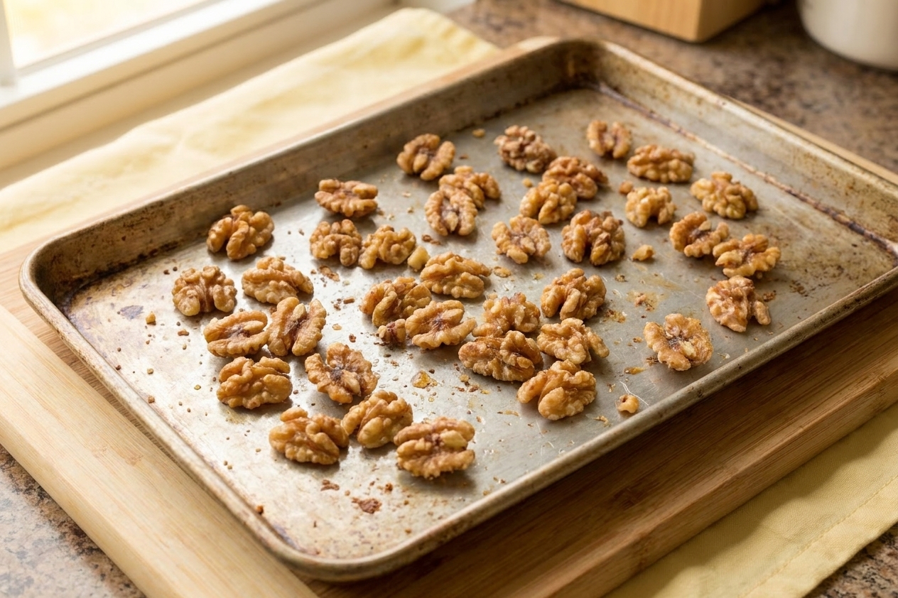 Walnut pieces spread on a baking sheet, lightly toasted and fragrant