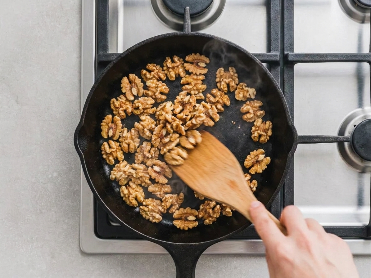 Walnuts toasting in a skillet on a stovetop