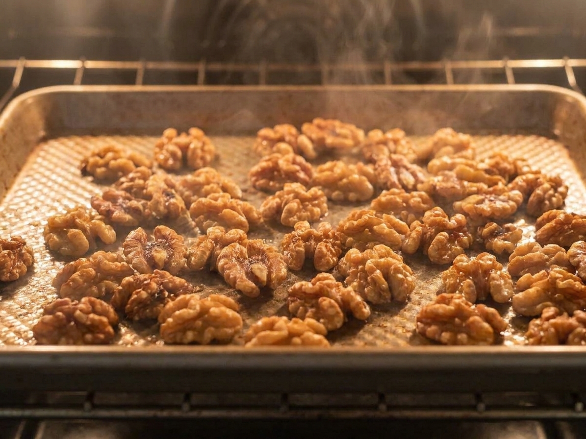 Walnuts toasting on a sheet pan until fragrant and lightly browned